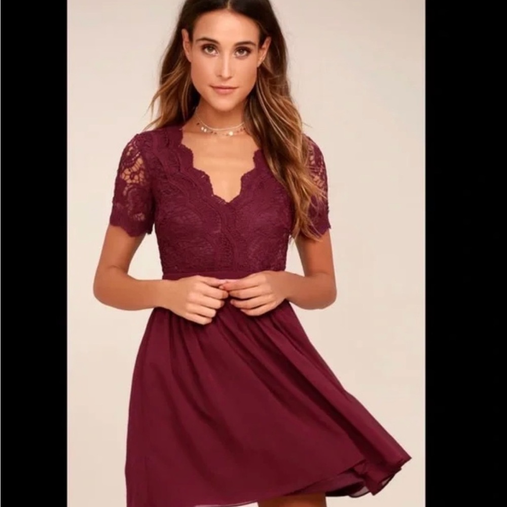 Lulus Lace Burgundy Skater  Dress